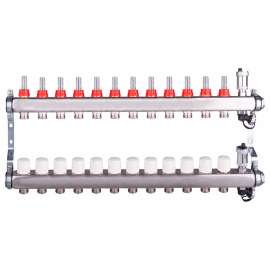 Коллекторная группа из нерж. стали с расходомерами и дренажным краном 1",12x3/4" AQUALINK, Диаметр коллектора: 1", Количество выходов: 12, фото 