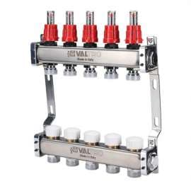 Коллекторная группа из нерж. стали со встроенными расходомерами(584) 1",6x3/4", "евроконус" VALTEC, Диаметр коллектора: 1", Количество выходов: 6, фото 
