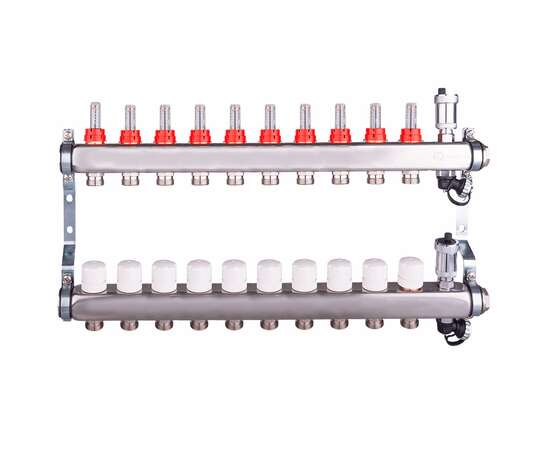 Коллекторная группа из нерж. стали с расходомерами и дренажным краном 1",10x3/4" AQUALINK, Диаметр коллектора: 1", Количество выходов: 10, фото 