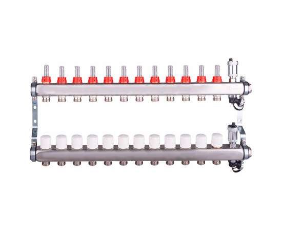 Коллекторная группа из нерж. стали с расходомерами и дренажным краном 1",12x3/4" AQUALINK, Диаметр коллектора: 1", Количество выходов: 12, фото 