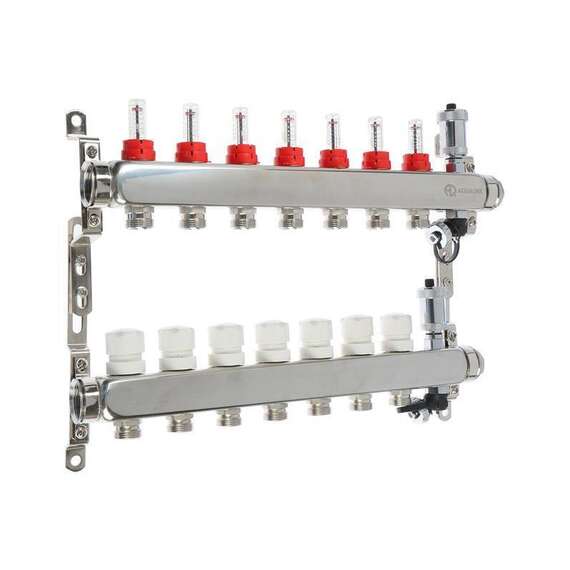 Коллекторная группа из нерж. стали с расходомерами и дренажным краном 1",7x3/4" AQUALINK, Диаметр коллектора: 1", Количество выходов: 7, фото , изображение 6