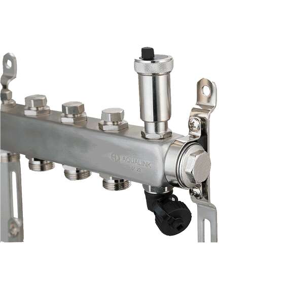 Коллекторная группа из нерж.стали с рег.клап, воздухоотводчиками и дренаж.клап. 1",7x3/4" AQUALINK, Диаметр коллектора: 1", Количество выходов: 7, фото , изображение 3