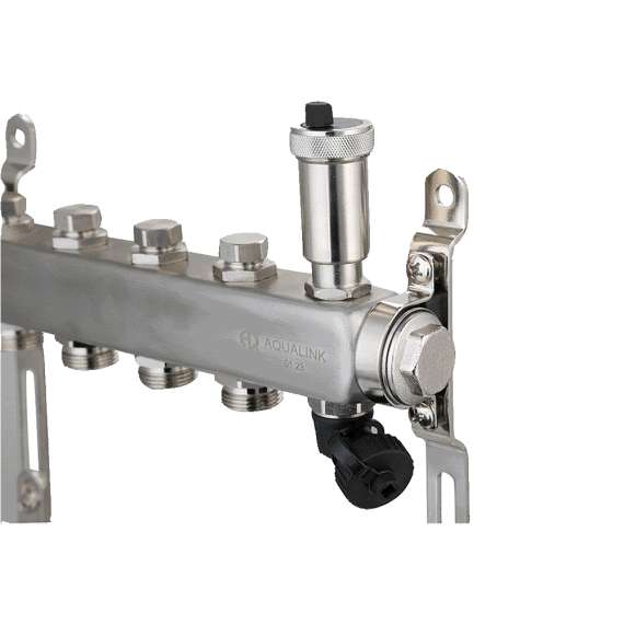 Коллекторная группа из нерж.стали с рег.клап, воздухоотводчиками и дренаж.клап. 1",5x3/4" AQUALINK, Диаметр коллектора: 1", Количество выходов: 5, фото , изображение 3