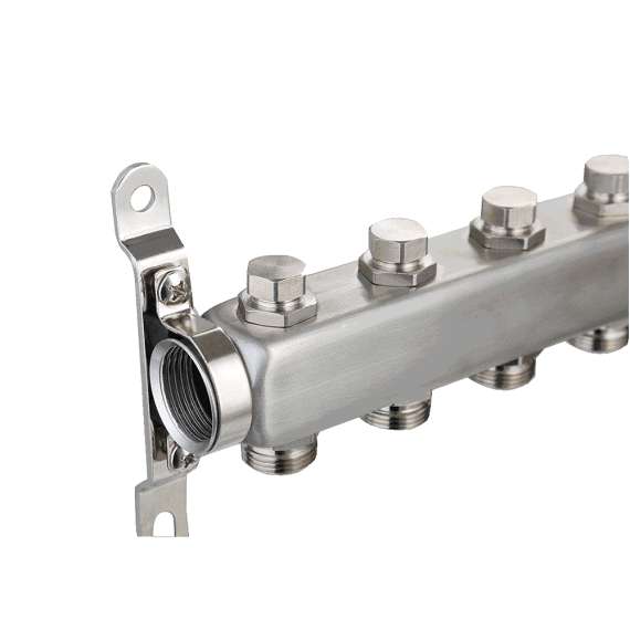 Коллекторная группа из нерж.стали с рег.клап, воздухоотводчиками и дренаж.клап. 1",5x3/4" AQUALINK, Диаметр коллектора: 1", Количество выходов: 5, фото , изображение 2