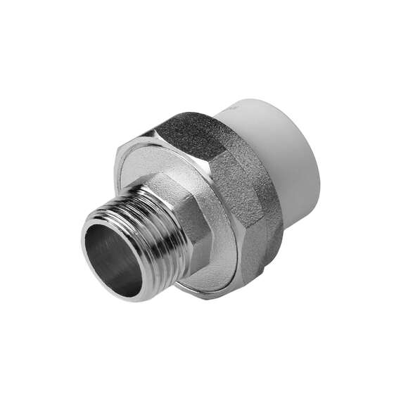 Муфта полипропиленовая резьбовая разъемная с металлической НР 20x1/2"  бел. AQUALINK, Диаметр трубы ППР: 20, Размер разъемная с металлической ВР: 20x1/2", фото 