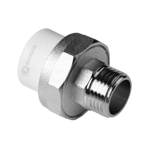 Муфта полипропиленовая резьбовая разъемная с металлической НР 20x1/2"  бел. AQUALINK, Диаметр трубы ППР: 20, Размер разъемная с металлической НР: 20x1/2", фото , изображение 2