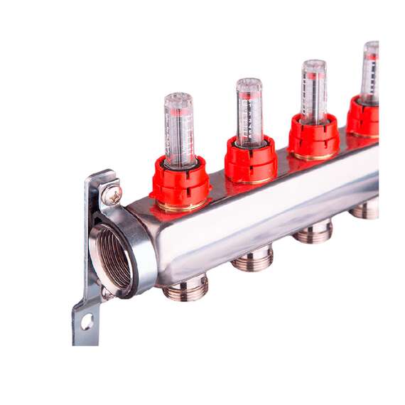 Коллекторная группа из нерж. стали с расходомерами и дренажным краном 1",12x3/4" AQUALINK, Диаметр коллектора: 1", Количество выходов: 12, фото , изображение 2