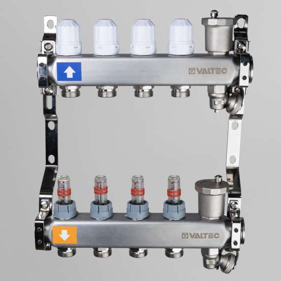 Коллекторная группа из нерж. стали с расходомерами и регул. клап. 1",8x3/4", "евроконус" VALTEC, Диаметр коллектора: 1", Количество выходов: 8, фото , изображение 3