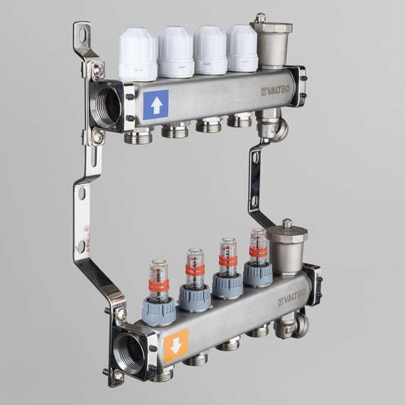 Коллекторная группа из нерж. стали с расходомерами и регул. клап. 1",10x3/4", "евроконус" VALTEC, Диаметр коллектора: 1", Количество выходов: 10, фото , изображение 2